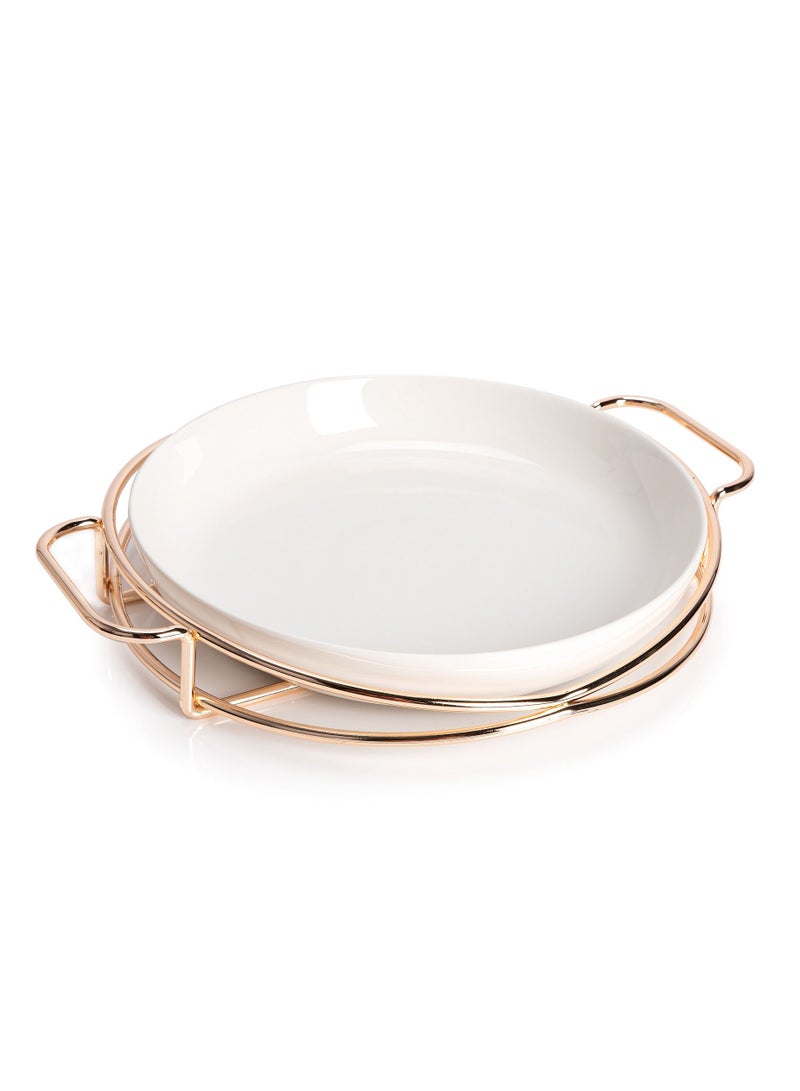 La Mesa Round Plate With Stand Round Porcealin White/Gold 28 Cm - Image 2