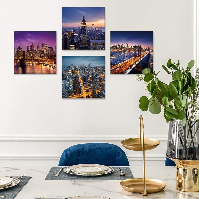 Artscope 4 Pieces Wall Art Canvas Prints - Modern City Night Picture Painting - Modern Wall Artwork Framed for Gifts Bathroom Home Kitchen Office Decor - 30 x 30 CM - Image 3