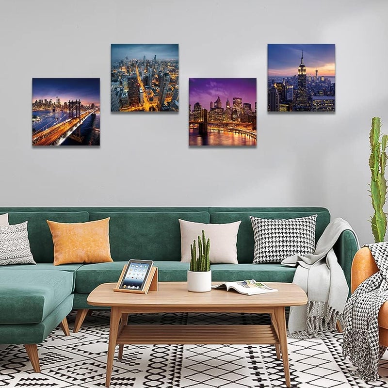 Artscope 4 Pieces Wall Art Canvas Prints - Modern City Night Picture Painting - Modern Wall Artwork Framed for Gifts Bathroom Home Kitchen Office Decor - 30 x 30 CM - Image 2