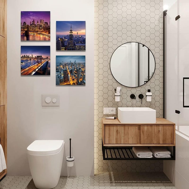 Artscope 4 Pieces Wall Art Canvas Prints - Modern City Night Picture Painting - Modern Wall Artwork Framed for Gifts Bathroom Home Kitchen Office Decor - 30 x 30 CM - Image 4