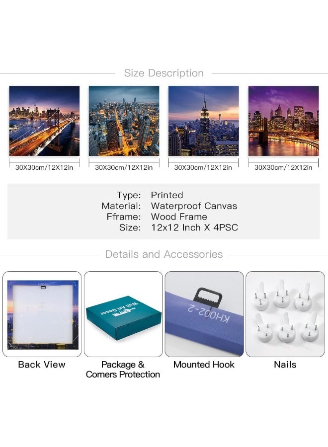 Artscope 4 Pieces Wall Art Canvas Prints - Modern City Night Picture Painting - Modern Wall Artwork Framed for Gifts Bathroom Home Kitchen Office Decor - 30 x 30 CM - Image 5