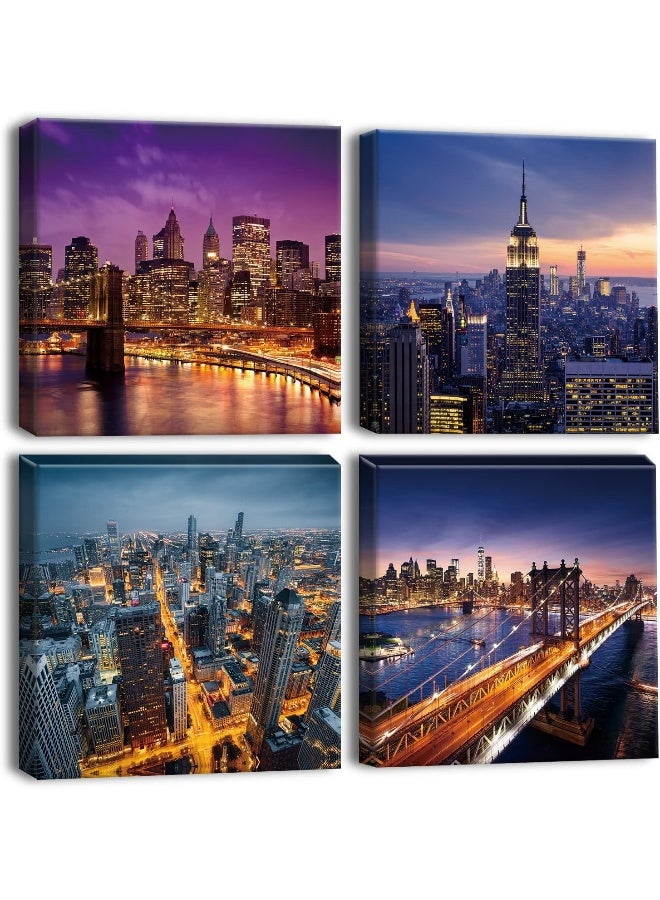 Artscope 4 Pieces Wall Art Canvas Prints - Modern City Night Picture Painting - Modern Wall Artwork Framed for Gifts Bathroom Home Kitchen Office Decor - 30 x 30 CM - Image 1