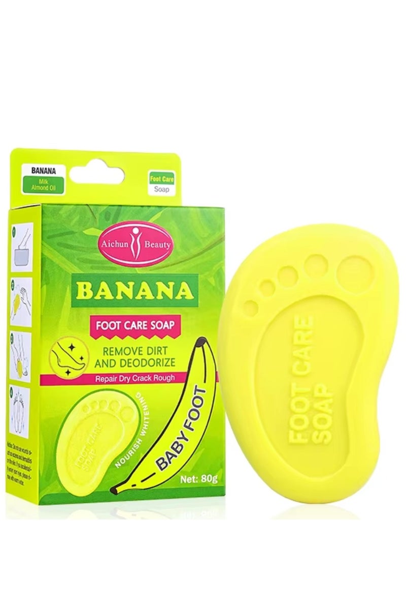 Aichun beauty صابون العناية بالقدمين بالموز 80 جرام إزالة الأوساخ وإزالة الروائح الكريهة إصلاح القدمين الجافة والمتشققة والخشنة مغذي ومضيء وملين صابون القدمين الصلب بالموز مع الحليب وزيت اللوز - Image 1