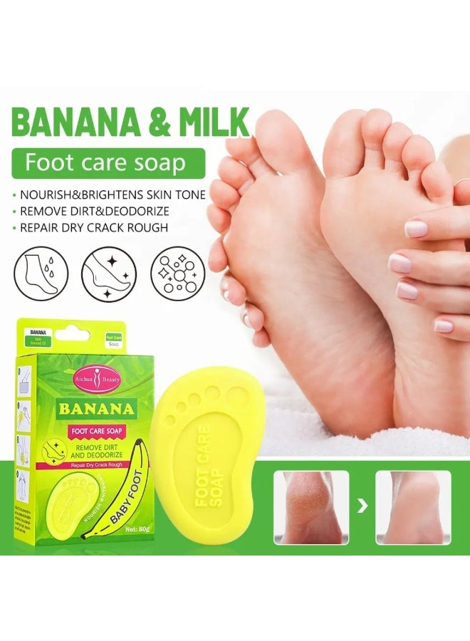 Aichun beauty صابون العناية بالقدمين بالموز 80 جرام إزالة الأوساخ وإزالة الروائح الكريهة إصلاح القدمين الجافة والمتشققة والخشنة مغذي ومضيء وملين صابون القدمين الصلب بالموز مع الحليب وزيت اللوز - Image 3