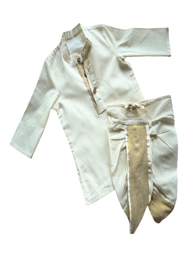 Picksparrow طقم كورتا قطني سادة من بيكسبارو للأطفال الرضع من ولاية كيرالا مع بنطال دهوتي (0-6 أشهر، أبيض كريمي (سادة)) - Image 1