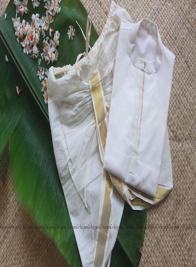 Picksparrow طقم كورتا قطني سادة من بيكسبارو للأطفال الرضع من ولاية كيرالا مع بنطال دهوتي (0-6 أشهر، أبيض كريمي (سادة)) - Image 3