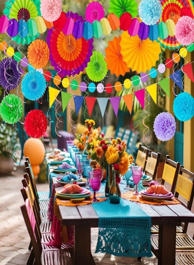 EggSun 33Pcs Mexican Fiesta Party Decorations,Cinco de Mayo Decor,Multi-Color Paper Fans Garlands Pennant Tissue Pompom Hanging Swirls Garland String for Birthday Wedding Rainbow Party Decor Favors Supplies - Image 5