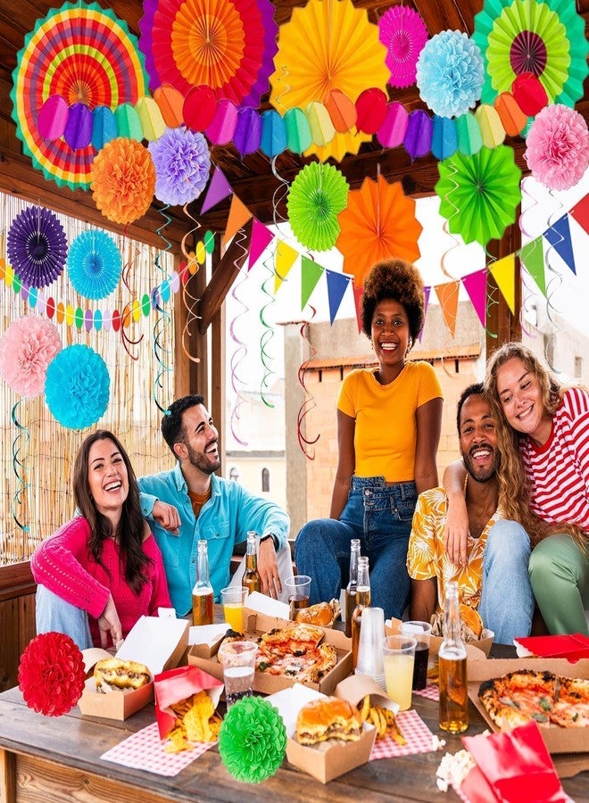 EggSun 33Pcs Mexican Fiesta Party Decorations,Cinco de Mayo Decor,Multi-Color Paper Fans Garlands Pennant Tissue Pompom Hanging Swirls Garland String for Birthday Wedding Rainbow Party Decor Favors Supplies - Image 4