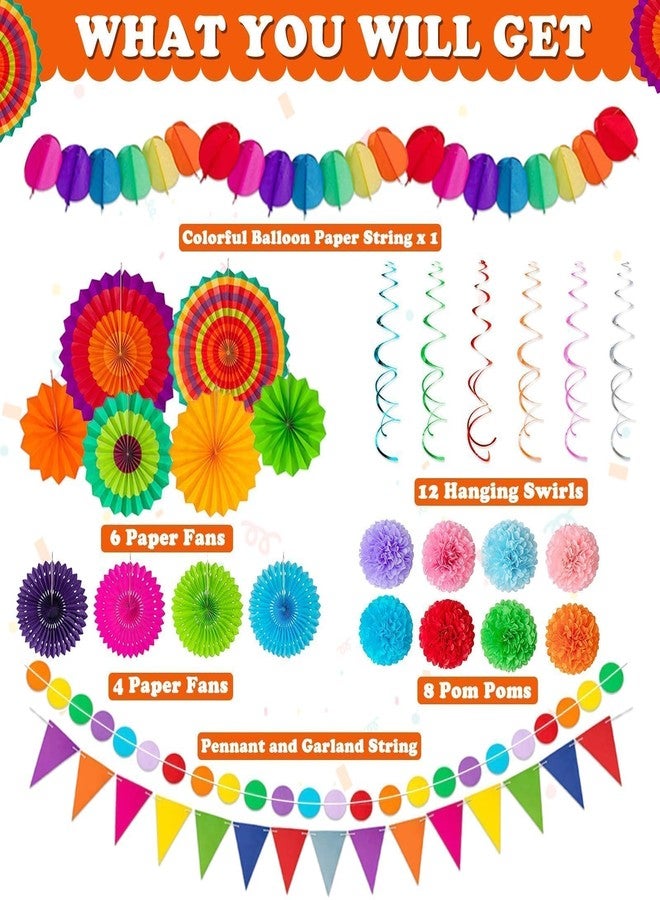 EggSun 33Pcs Mexican Fiesta Party Decorations,Cinco de Mayo Decor,Multi-Color Paper Fans Garlands Pennant Tissue Pompom Hanging Swirls Garland String for Birthday Wedding Rainbow Party Decor Favors Supplies - Image 2