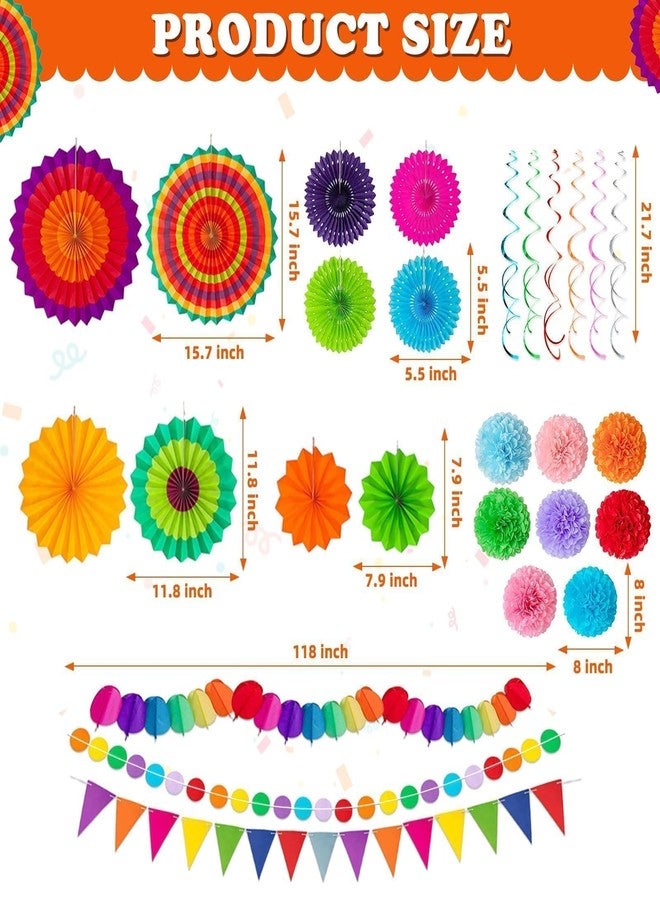 EggSun 33Pcs Mexican Fiesta Party Decorations,Cinco de Mayo Decor,Multi-Color Paper Fans Garlands Pennant Tissue Pompom Hanging Swirls Garland String for Birthday Wedding Rainbow Party Decor Favors Supplies - Image 3