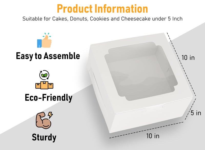 Festiko 5 Pcs Cake Boxes Window Clear Bakery Dessert Box, 10x10x5 Square White Large Disposable Pie Boxes, Package for Baked Goods, Paper Pastry Packaging Donut Delivery Box with Adorable Stickers - Image 2