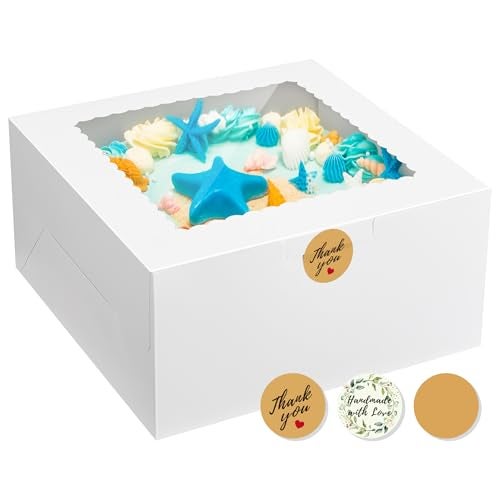 Festiko 5 Pcs Cake Boxes Window Clear Bakery Dessert Box, 10x10x5 Square White Large Disposable Pie Boxes, Package for Baked Goods, Paper Pastry Packaging Donut Delivery Box with Adorable Stickers - Image 1