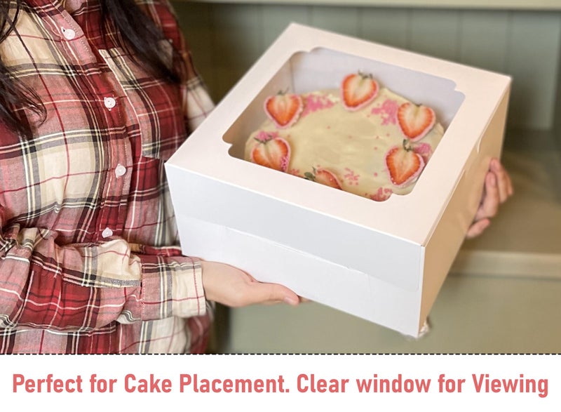 Festiko 5 Pcs Cake Boxes Window Clear Bakery Dessert Box, 10x10x5 Square White Large Disposable Pie Boxes, Package for Baked Goods, Paper Pastry Packaging Donut Delivery Box with Adorable Stickers - Image 4