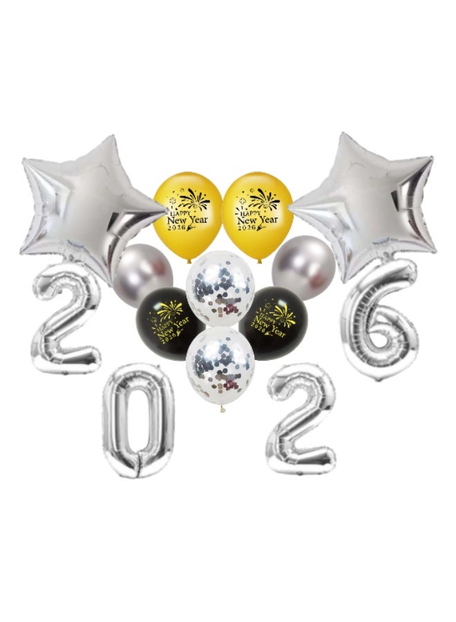 “2026 in 16-inch Silver Number Balloons Set with Star Foil & Latex Balloons for New Year Party Decoration” - Image 1