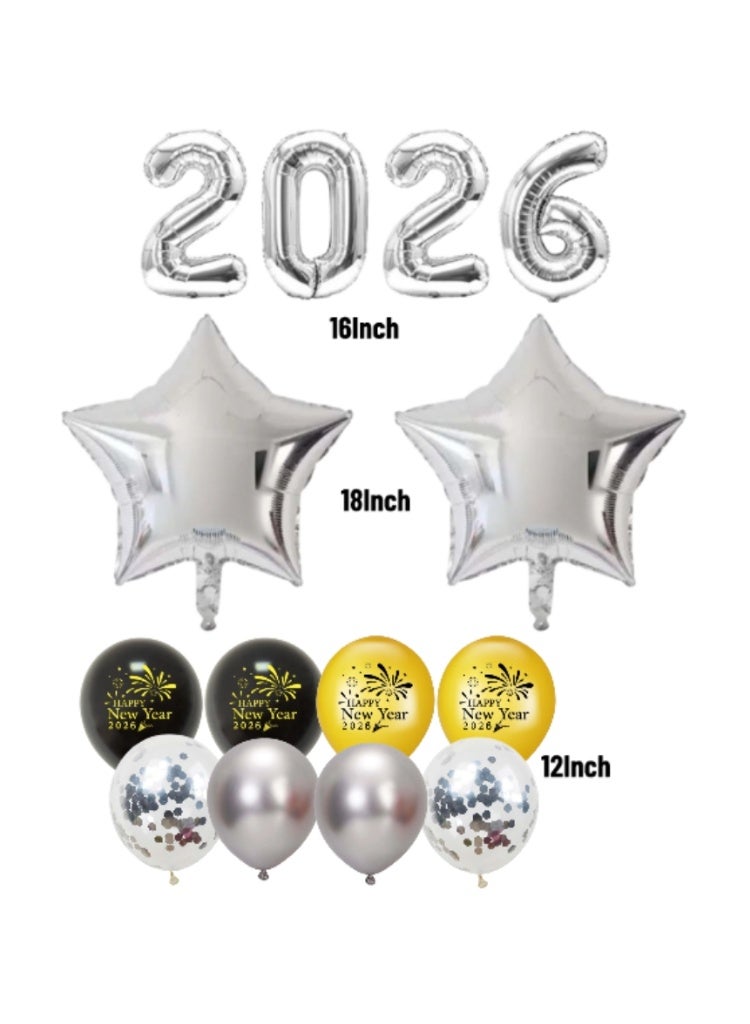 “2026 in 16-inch Silver Number Balloons Set with Star Foil & Latex Balloons for New Year Party Decoration” - Image 2