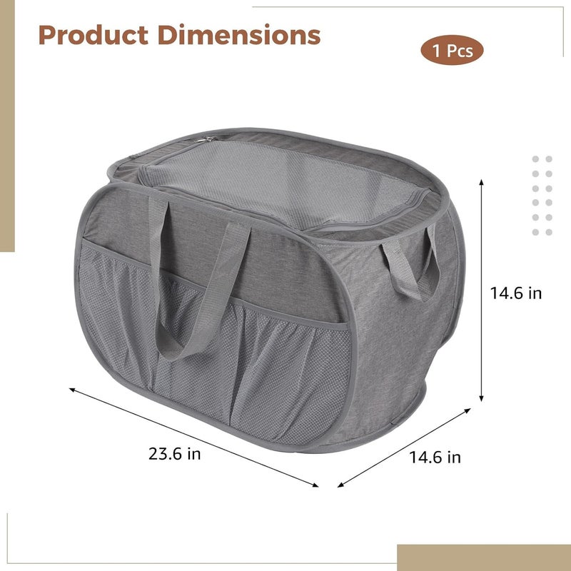 Gray Laundry Hamper, Foldable With Lid, 23.6 X 14.6 X 14.6 In, Dirty Clothes Storage Basket With Zippered Mesh Top, Designed With Extended Handles For Home - Image 3
