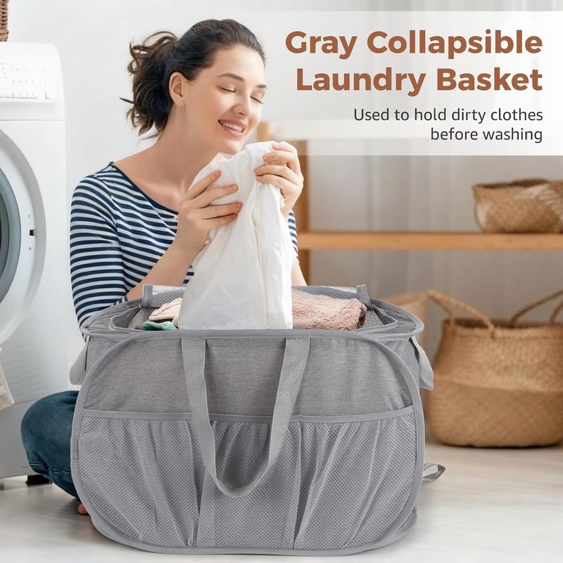 Gray Laundry Hamper, Foldable With Lid, 23.6 X 14.6 X 14.6 In, Dirty Clothes Storage Basket With Zippered Mesh Top, Designed With Extended Handles For Home - Image 5