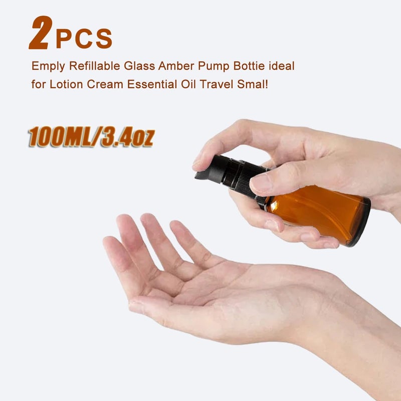 TUPWEL 2PCS Upscale Amber Glass Refillable Pump Press Lotion Bottles Container Jars Pot For Makeup Foundations Cosmetic Skin Care Cream Emulsion Essential Oils(100ml / 3.4oz) - Image 5