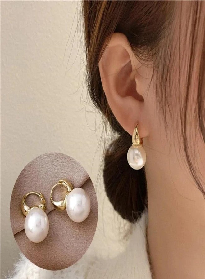 Siddhatva Gold Pearl earrings for Women Huop Huggie Drop Stylish Trendy Dainty Pearl Hoop Earrings Jewellery - Image 2