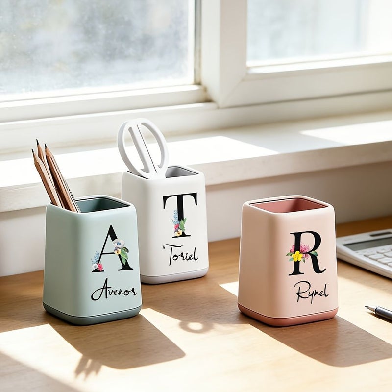 Pink Personalized Name Flower Pen Holder Desktop Storage Box Custom Makeup Brush Organizer Minimalist Office Study Addition For Father Day Teacher Day Gift - Image 3