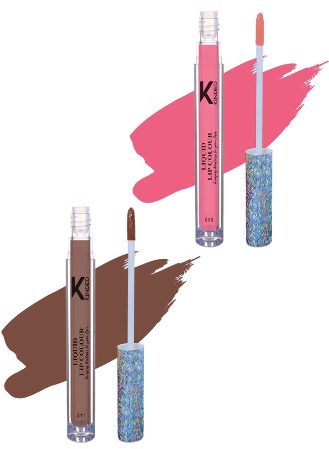 KINDED Liquid Lip Colour Vitamin E Enriched No Transfer Waterproof Long Stay Lipsticks Lip Gloss Set for Girls Women (Pack of 2, 6 ml each, Matte Finish, Shades Pink & Brown Temptation) - Image 1
