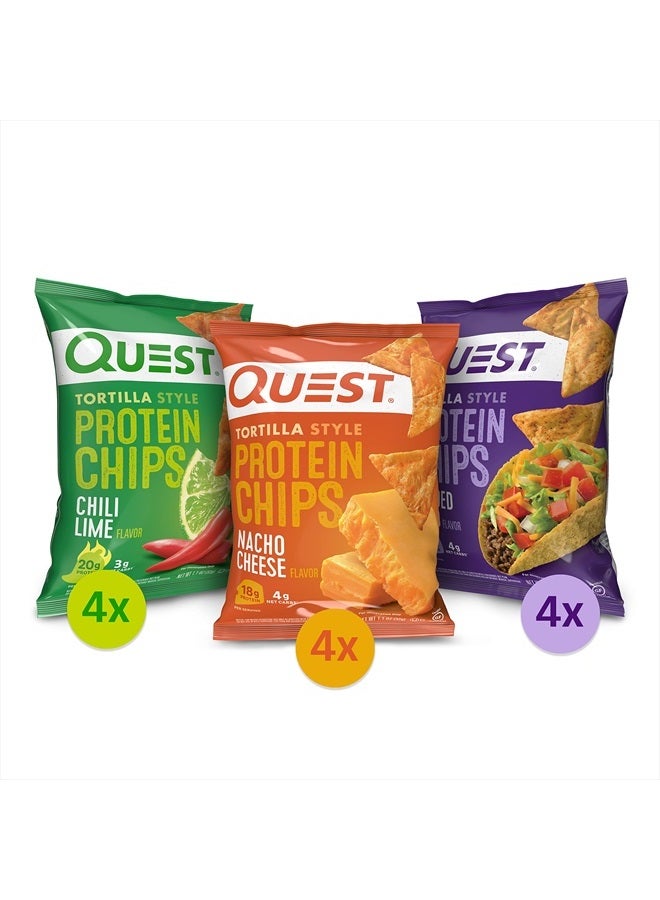 Quest Nutrition Tortilla Style Protein Chips Variety Pack, Chili Lime, Nacho Cheese, Loaded Taco, 1.1 Ounce (Pack of 12) - Image 1