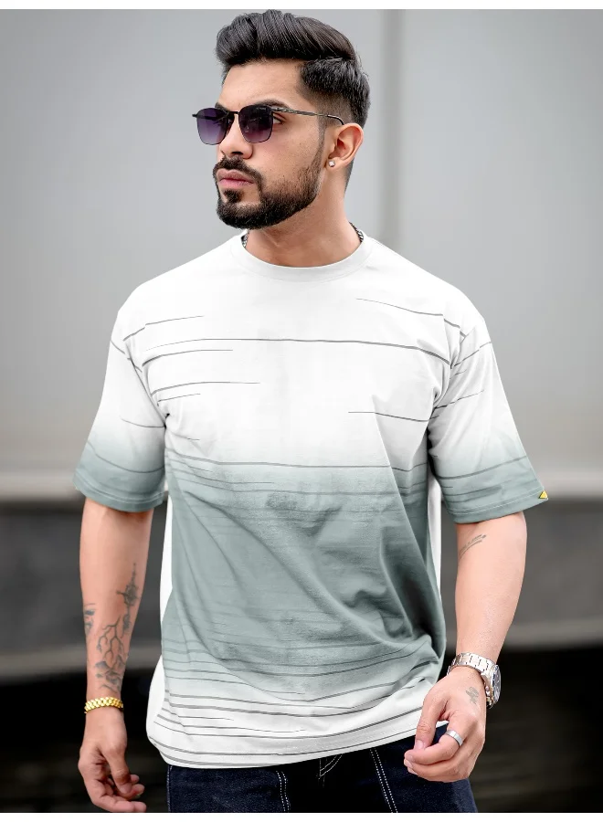 مانياك تيشيرت أبيض قطن واسع بأكمام ثلاثة أرباع وطبعة مانياك للرجال