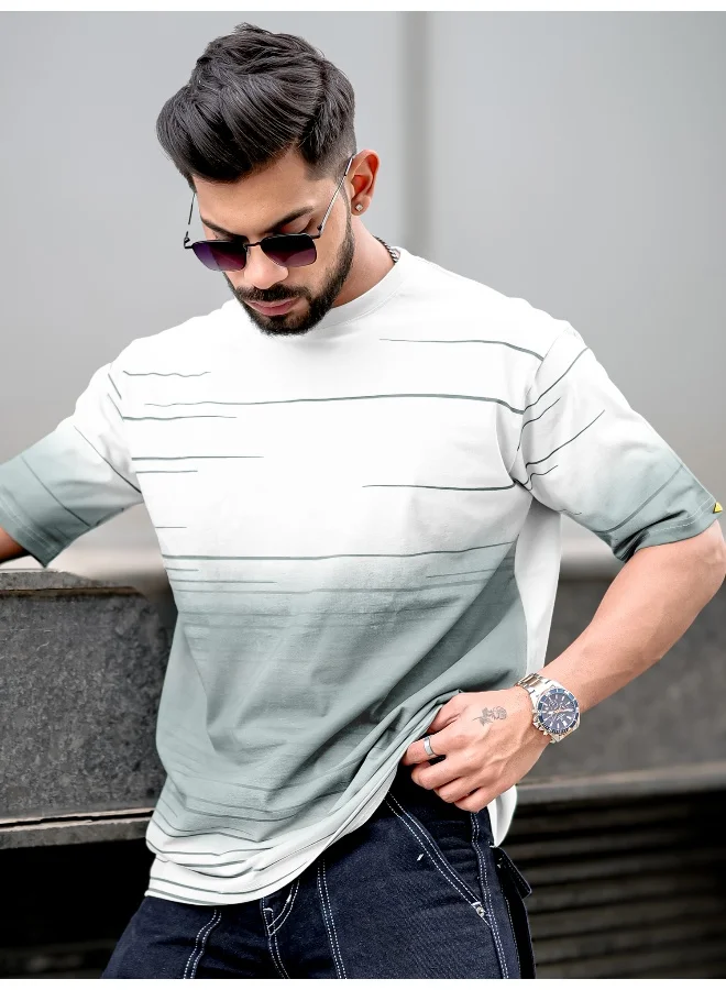 مانياك تيشيرت أبيض قطن واسع بأكمام ثلاثة أرباع وطبعة مانياك للرجال