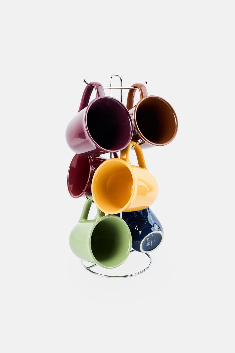 Gibson Home 7 Pieces Stoneware Mug Set With Metal Rack, Multicolor - Image 2