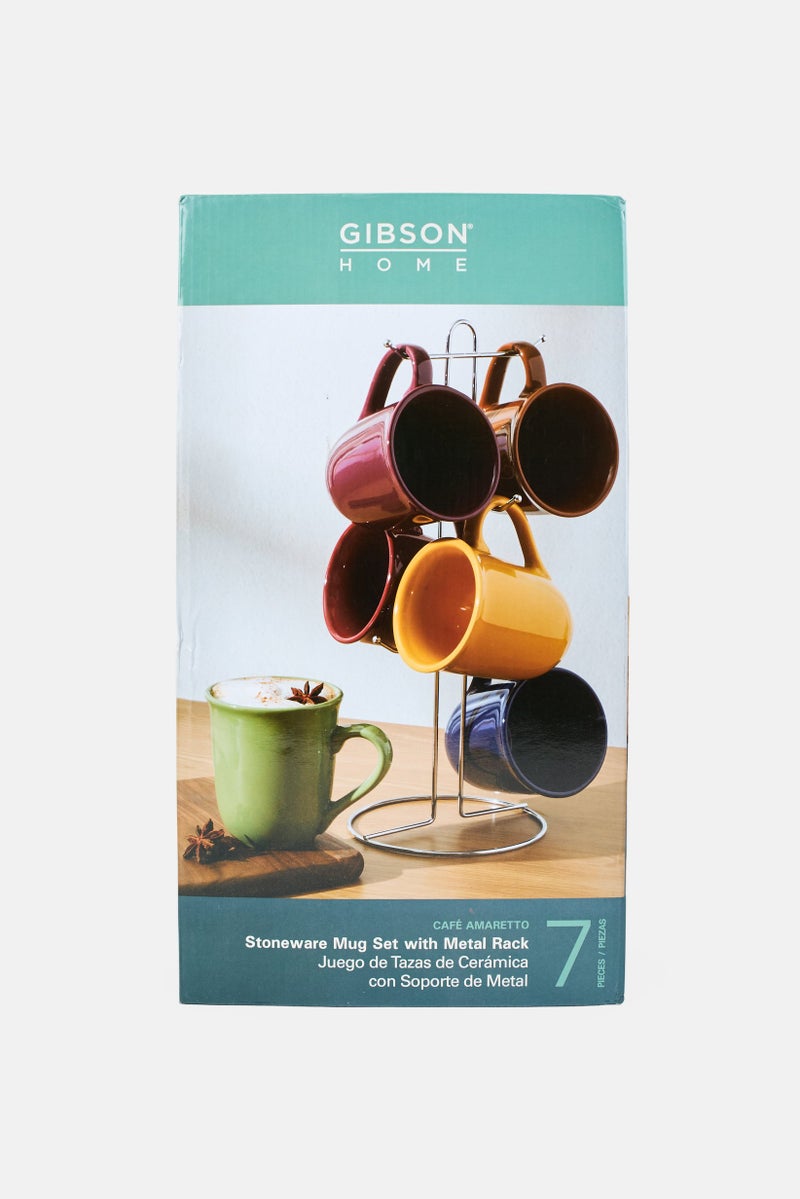Gibson Home 7 Pieces Stoneware Mug Set With Metal Rack, Multicolor - Image 1