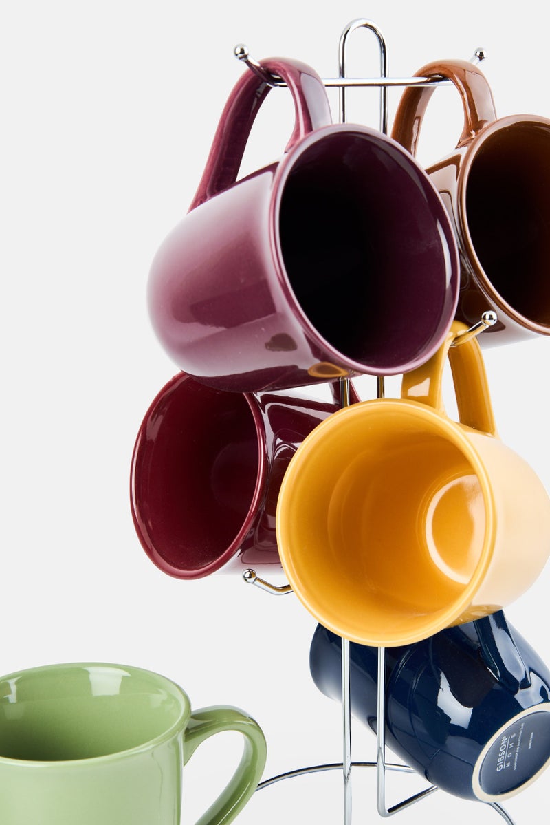 Gibson Home 7 Pieces Stoneware Mug Set With Metal Rack, Multicolor - Image 4