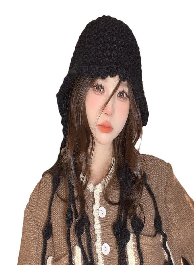 Suillty Women Girls Winter Handmade Crochet Knitted Beanie Hat Cute Tassel Earflap Hat Outdoor Skull Caps - Image 2