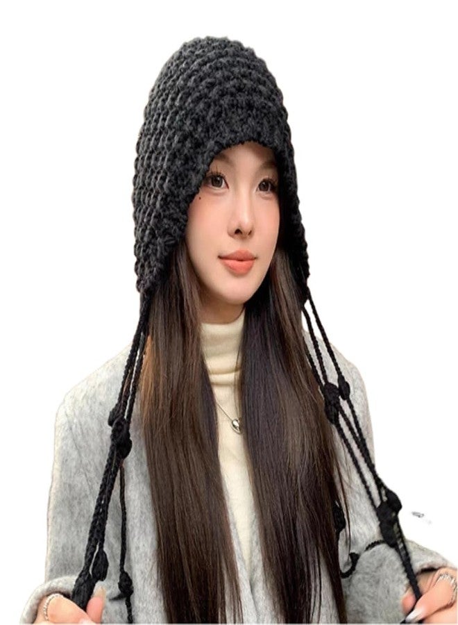 Suillty Women Girls Winter Handmade Crochet Knitted Beanie Hat Cute Tassel Earflap Hat Outdoor Skull Caps - Image 1