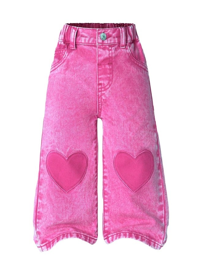 WDIRARA Toddler Girl's Cute Heart Pattern Baggy Jeans Wide Leg Denim Pants Pink 6Y - Image 1