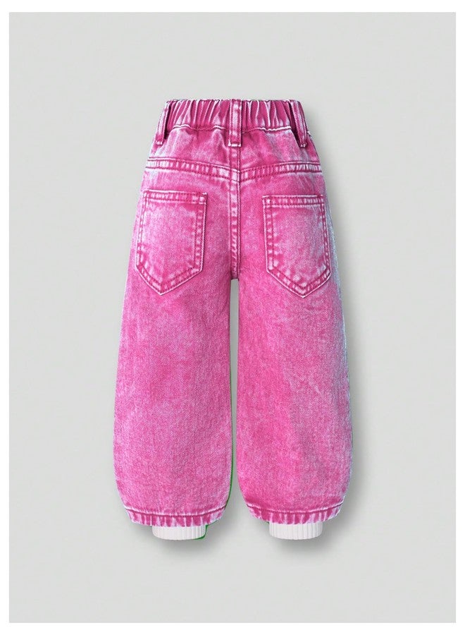 WDIRARA Toddler Girl's Cute Heart Pattern Baggy Jeans Wide Leg Denim Pants Pink 6Y - Image 2