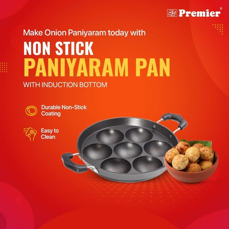 Premier Induction Base Non Stick Paniyaram Pan Black 7 Inches with Spatula and Scrubber Ergonomic Handle and Convenient Spatula and Scrubber Perfect for Healthy Cooking and Easy Cleaning - Image 2