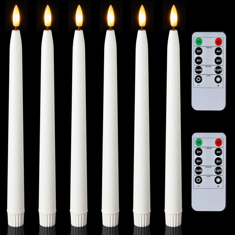 Homemory 11 inches Waxy Battery Operated Taper Candles with Remote Timer Dimmer, 6 Pcs Flameless Taper Candles with Flickering Flame, White Candlesticks Battery Powered for Ceremony Memorial Decor - Image 1