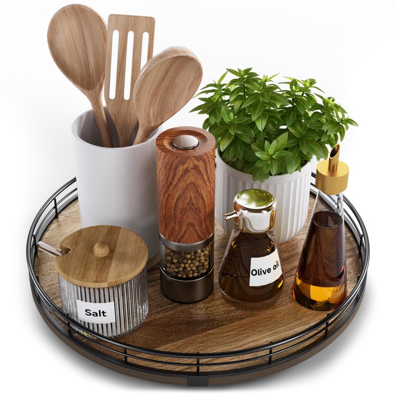 HGF Acacia Wood 12" Lazy Susan Turntable Organizer for Table Top, Farmhouse Round Wooden Lazy Susan for Cabinet Kitchen Centerpieces Coffee Table, for Condiments Spices, Bathroom Vanity Tray Decor - Image 1