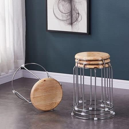 KRISHTHA KRISHTHA Stainless Steel Adjustable Height Kitchen Counter Stool with Wooden Seat Wooden Pack of 4  - Image 2