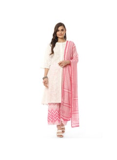 BIBA Women Printed Straight Salwar Kurta Dupatta(Skd8052_Wht/Pnk_42), Cotton, White/Pink