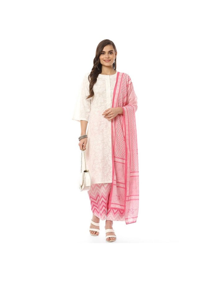 Biba - BIBA Women Printed Straight Salwar Kurta Dupatta(Skd8052_Wht/Pnk_42), Cotton, White/Pink - Image 1