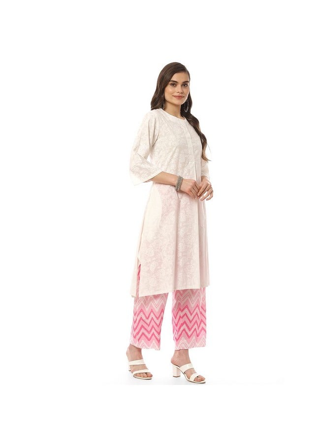 Biba - BIBA Women Printed Straight Salwar Kurta Dupatta(Skd8052_Wht/Pnk_42), Cotton, White/Pink - Image 1