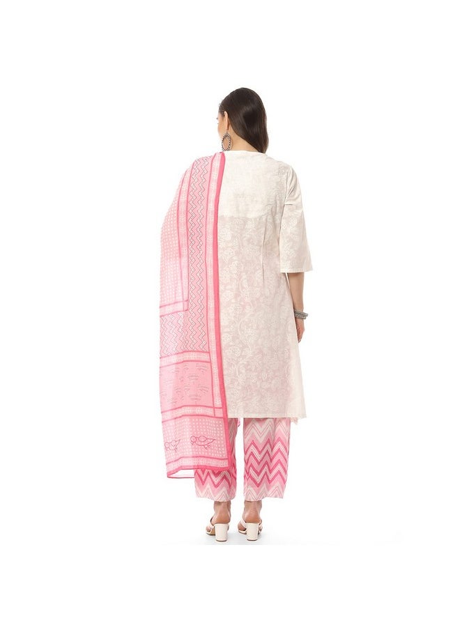 Biba - BIBA Women Printed Straight Salwar Kurta Dupatta(Skd8052_Wht/Pnk_42), Cotton, White/Pink - Image 1