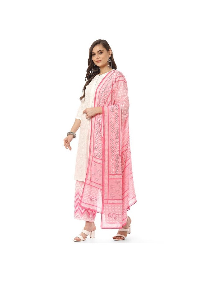 Biba - BIBA Women Printed Straight Salwar Kurta Dupatta(Skd8052_Wht/Pnk_42), Cotton, White/Pink - Image 1