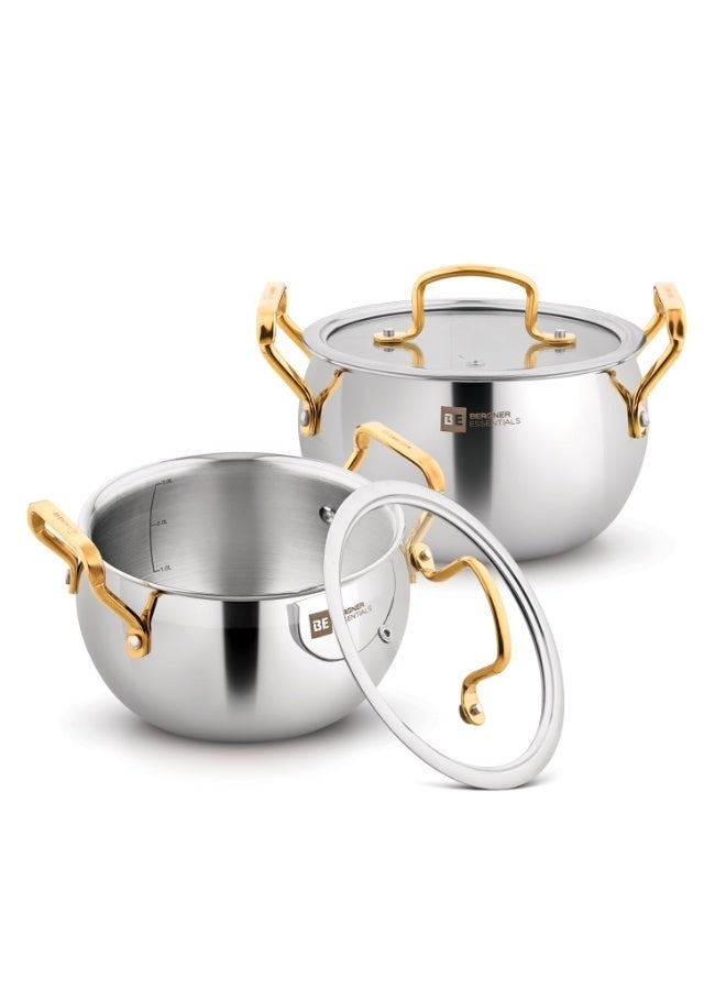 Bergner BE Essentials Rishi Gold 4 Pcs Rice Handi Set with Golden Coated Finishing Handles and Knob, Rice Handis with Glass Lids - 16 cm (2.2 L) and 18cm (3.2 L), Less Oil Use - Induction Bottom - Image 1