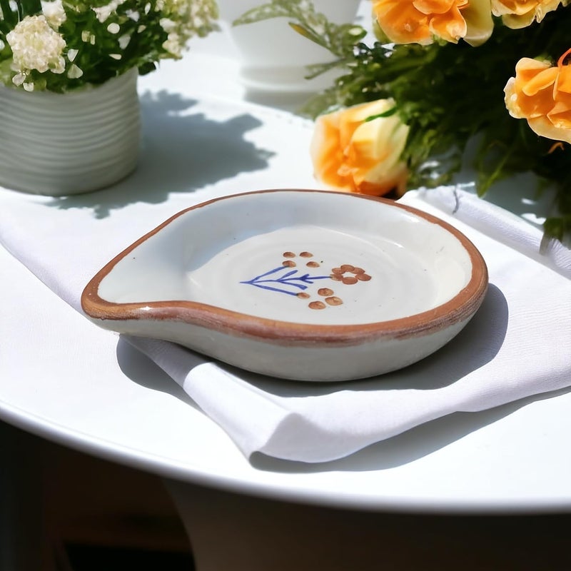 Ceramic Spoon Rest Small White Brown Printed HandPainted Ideal for Kitchen Tableware Cutlery Rest Pack of 1