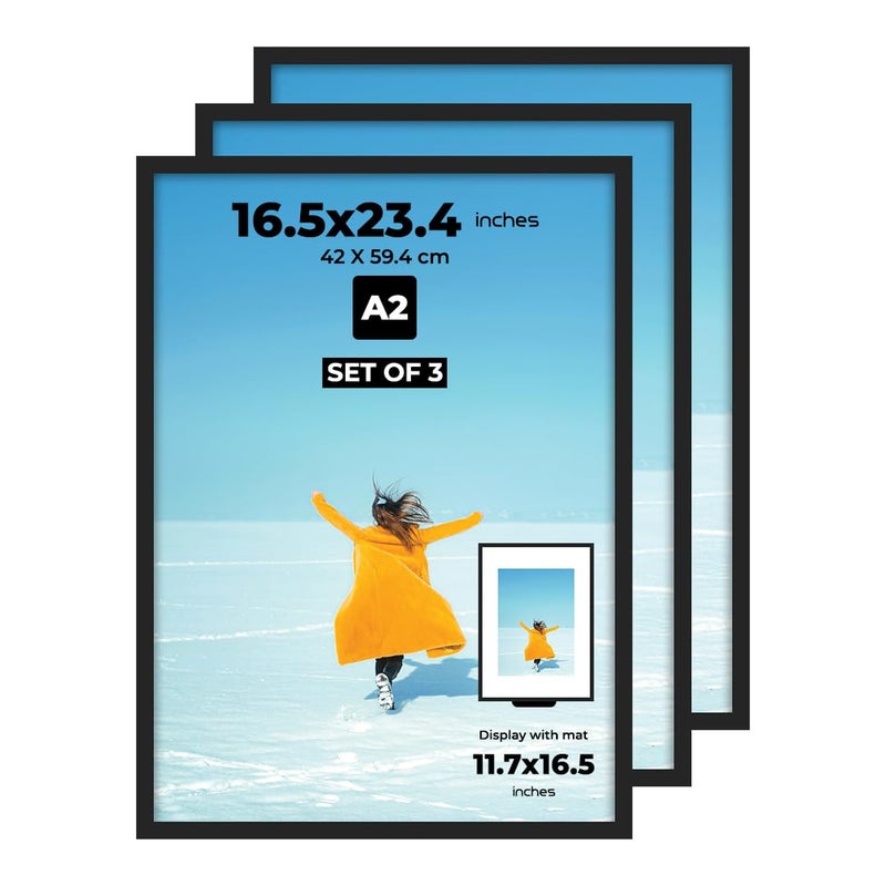 PAXNOK Black A2 Poster Frame Display 165 x 234 inch Posters and Pictures  Horizontal and Vertical Wall Hanging Option Set of 3 