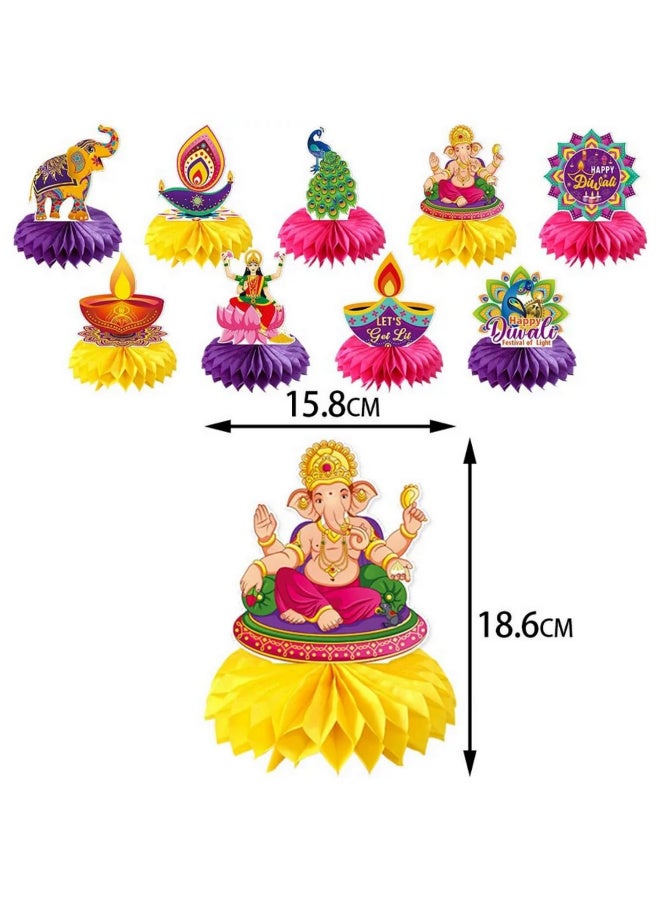 9 قطع مجموعة ديكورات حفل ديوالي، مركزات طاولة هونيكومب، ديكور طاولة للمنزل والمكتب، إمدادات حفل الإضاءة للمهرجان، ديكور حائط وطاولة رانجولي ماندالا الهندي لعيد ديافالي - Image 2