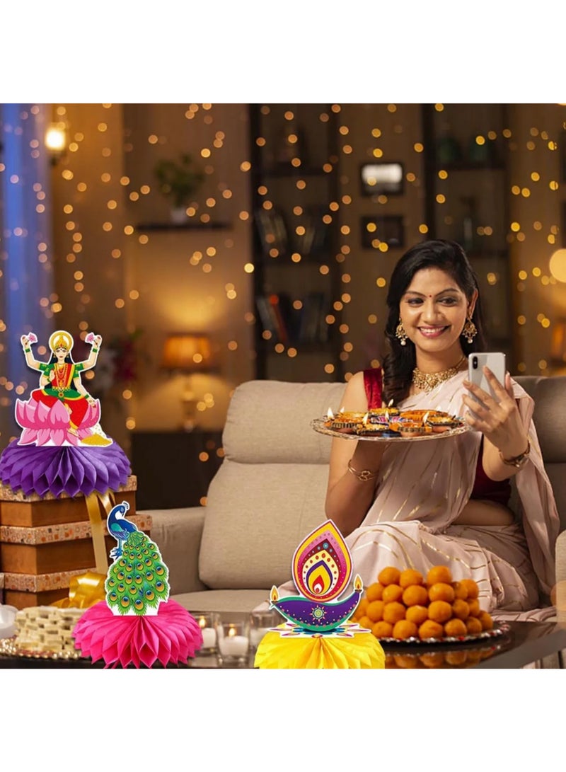 9 قطع مجموعة ديكورات حفل ديوالي، مركزات طاولة هونيكومب، ديكور طاولة للمنزل والمكتب، إمدادات حفل الإضاءة للمهرجان، ديكور حائط وطاولة رانجولي ماندالا الهندي لعيد ديافالي - Image 5