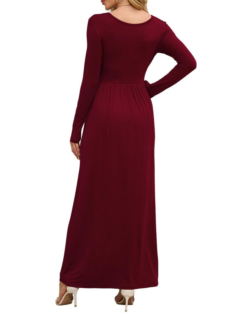 DEARCASE Maxi Dress for Women Burgundy Small Crewneck Long Sleeves Wedding Guest A-line Plain Casual Empire Waist Flowy Party Vintage Spring Fall Winter Floor Dresses with Pocket - Image 3